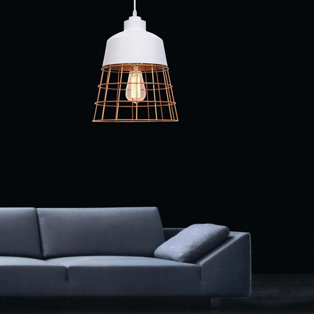 Biela, industriálna, drôtená závesná lampa BAGSY so zlatou mriežkou - Lumina Deco obrázok 2