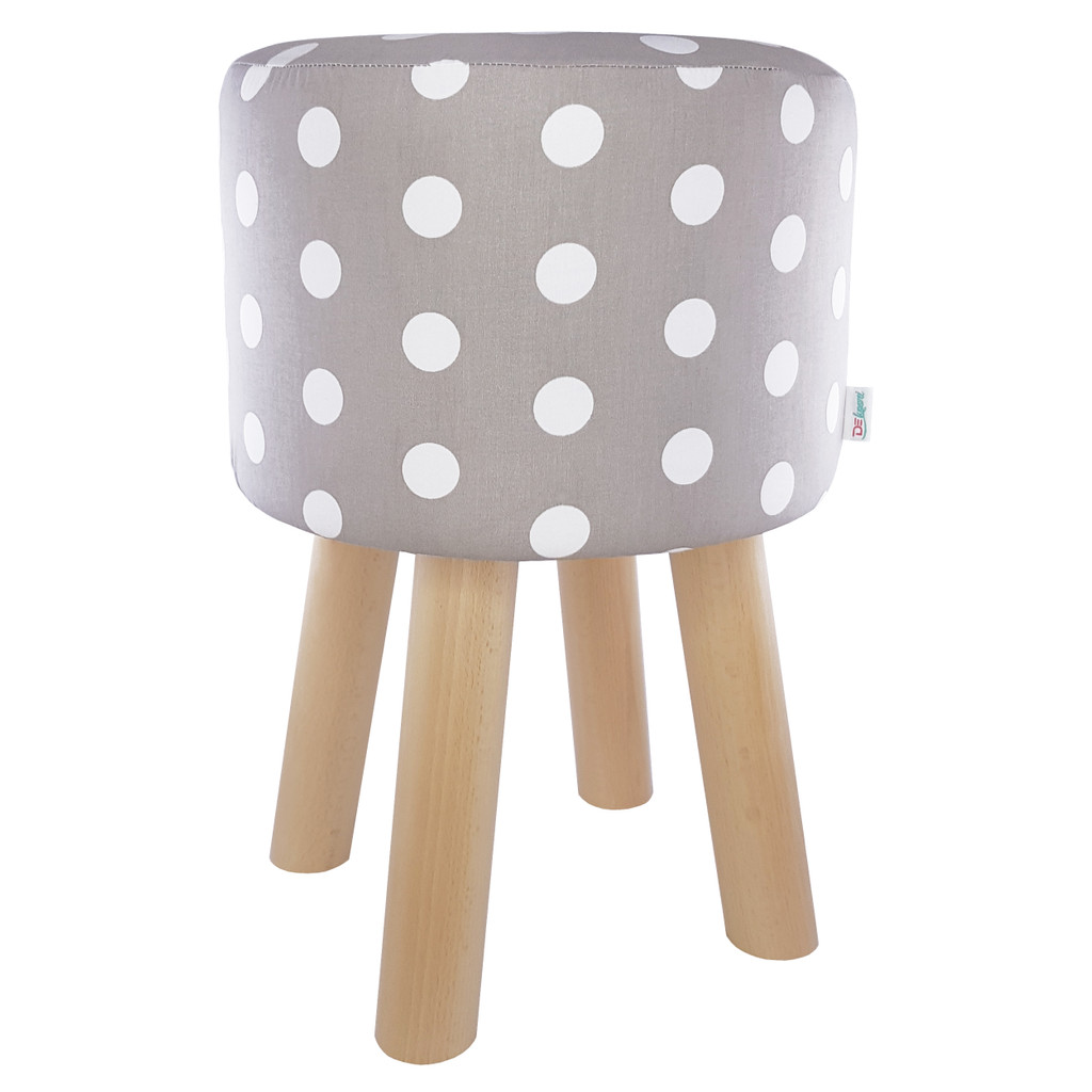 Puf na sedenie, taburetka z dreva, sivá, biele BODKY, polka dot - Lily Pouf obrázok 1