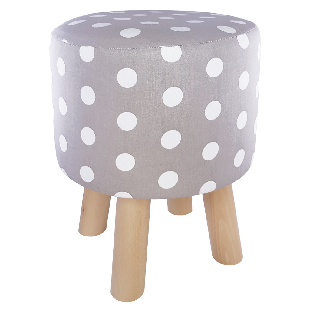 Puf na sedenie, taburetka z dreva, sivá, biele BODKY, polka dot - Lily Pouf obrázok 2