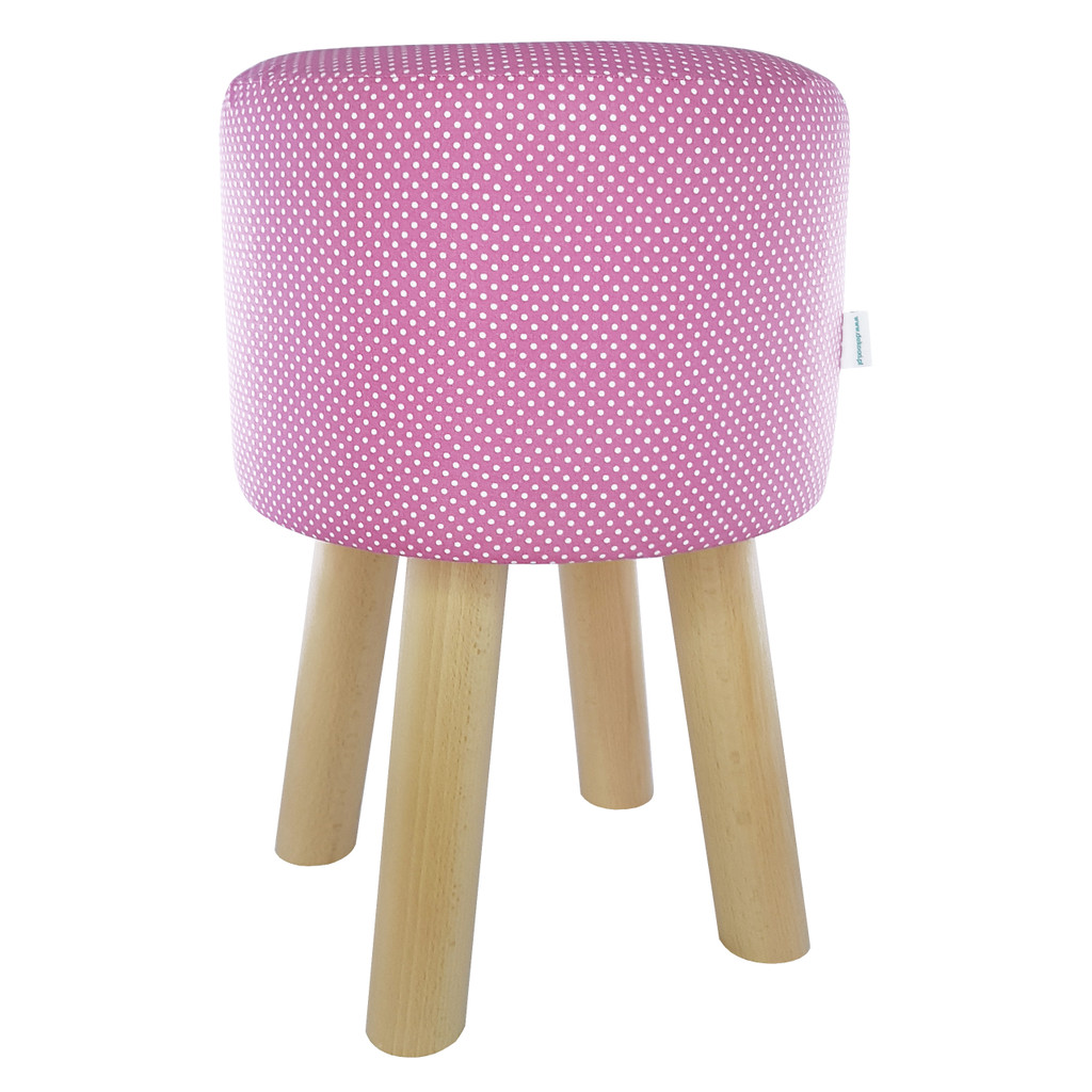 Štýlová taburetka, puf s okrúhlym ružovým sedadlom s bielymi BODKAMI, polka dot - Lily Pouf obrázok 1